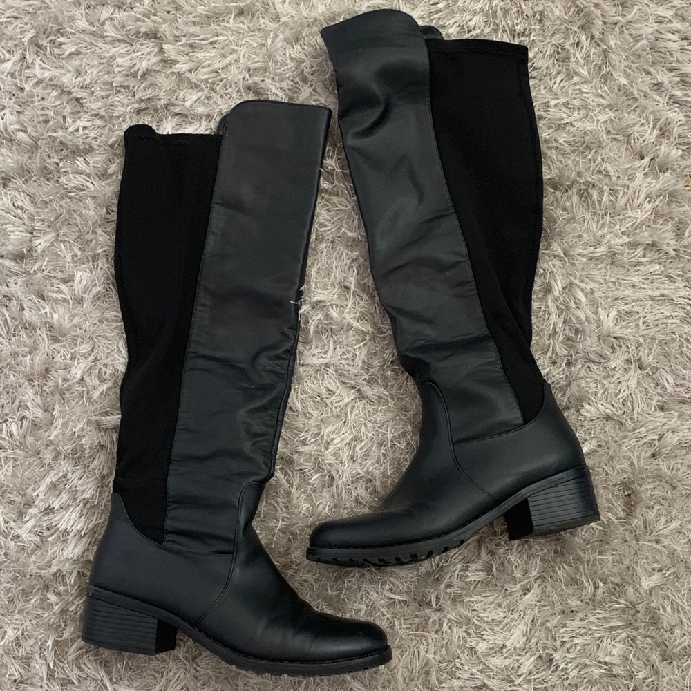 Black knee high boots, wide calf
